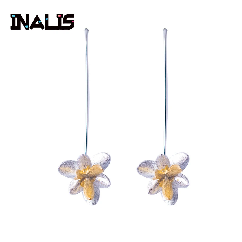 

INALIS New Real 925 Sterling Silver Natural Original Handmade Fine Jewelry Cute Blooming Flower Fashion Drop Earrings for Women