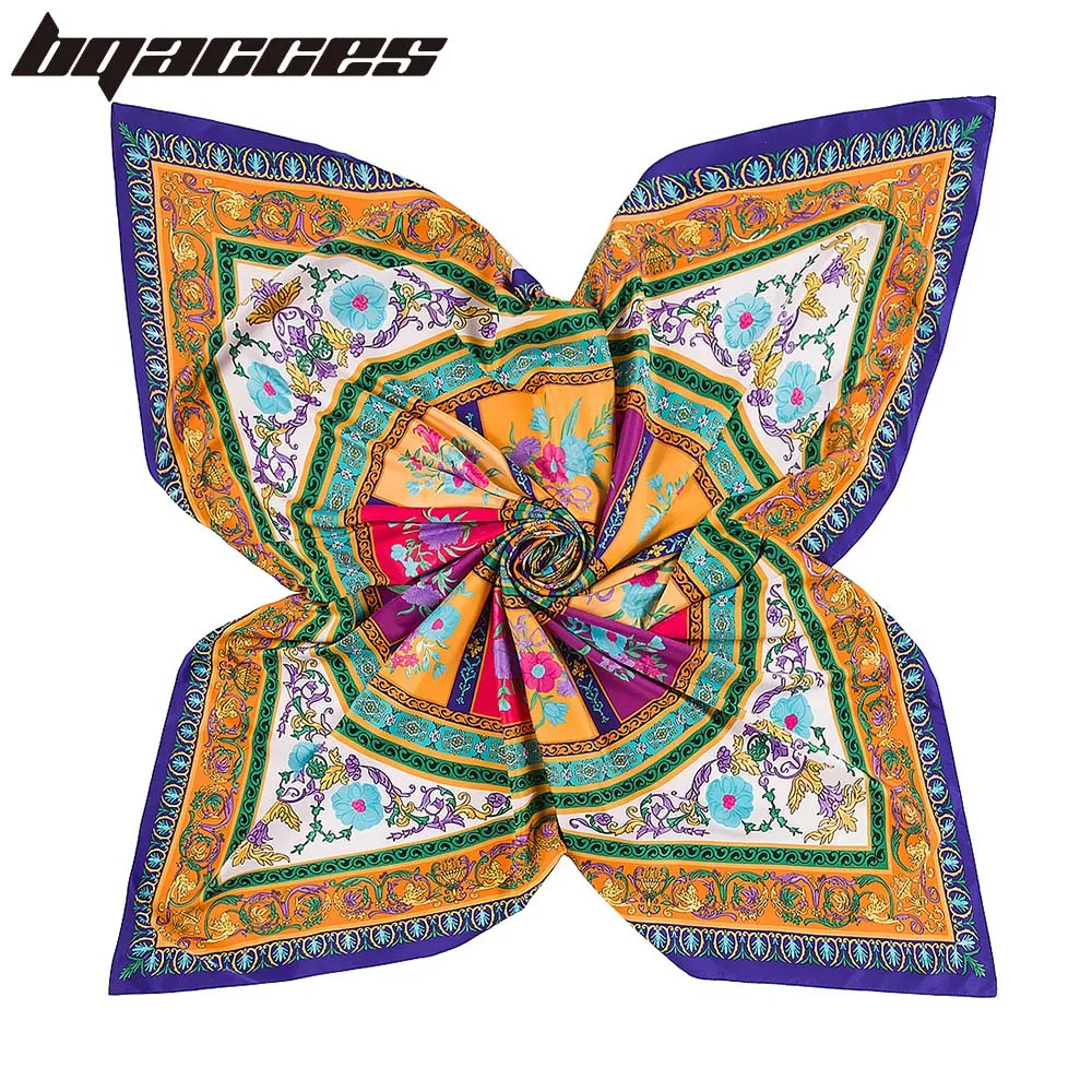 

[BQACCES] Luxury Brand 130*130 Twill Silk Square Scarf Neckerchief Floral Disc Print Hijab Shawl Wrap Female Scarf Large Bandana