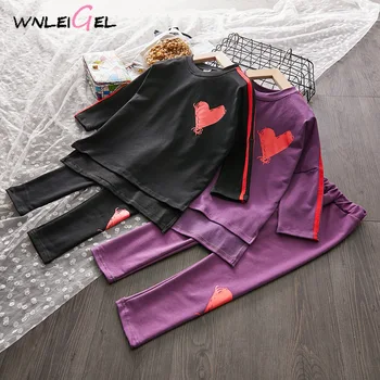 

2PCS girls spring heart printed clothing set kids black purple t shirt and pant set baby causal clothes children