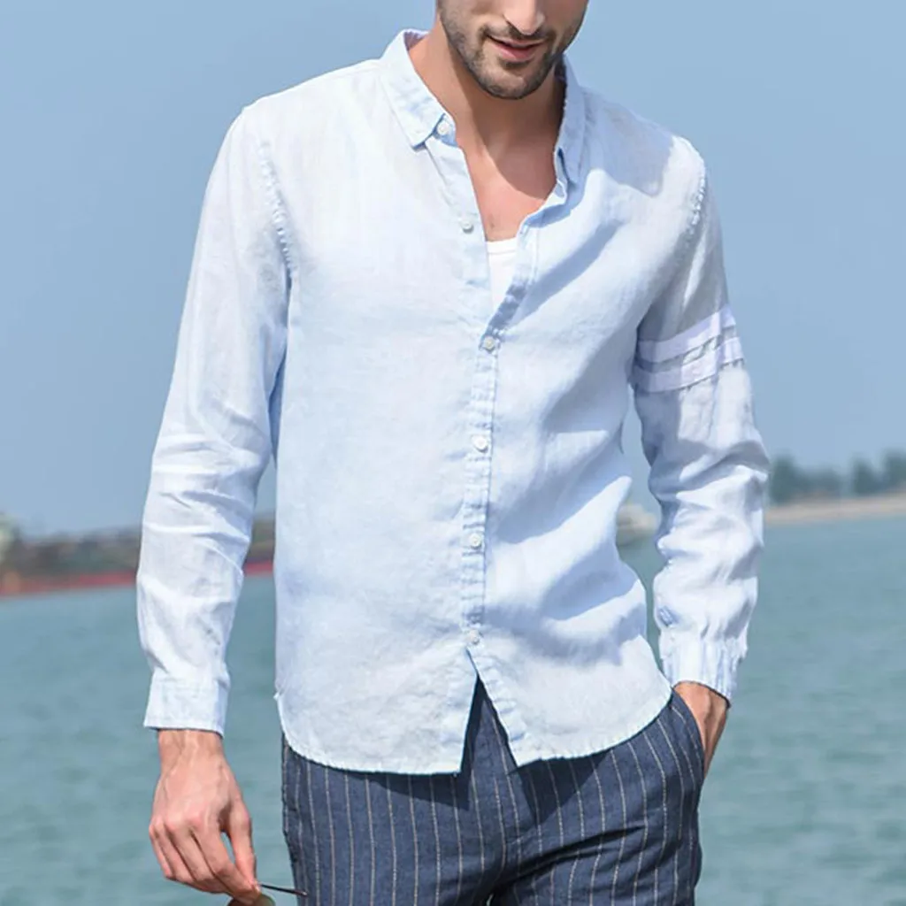 

camisa masculina Men Vintage Pure Color Button Linen Solid Long Sleeve Retro Shirts Tops Blouse