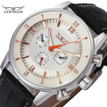 

JARAGAR Top Brand Luxury Watches Men Leather Strap Roman Numerals 3 Working Small Sub-dials Fashion Auto Mechanical Wrist Watch