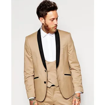 

New Arrival Groomsmen Shawl Black Lapel Groom Tuxedos Khaki Men Suits Wedding Best Man Blazer (Jacket+Pants+Vest)