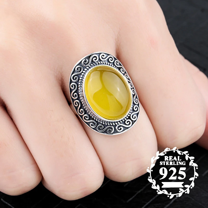 

12*16mm NOT FAKE S925 Sterling Silver Ukraine Amber Rings Exaggerated Rings health rich lithuania Retro Chalcedony
