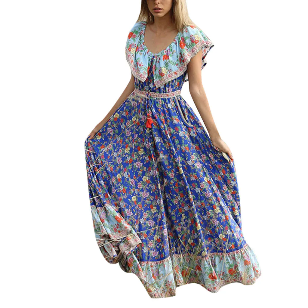 

FREE OSTRICH Women Dress Bohemian Tasse V-Collar Printed Waist Chiffon Beach Valuable Rising Fresh Beachwear Women Dress Summer