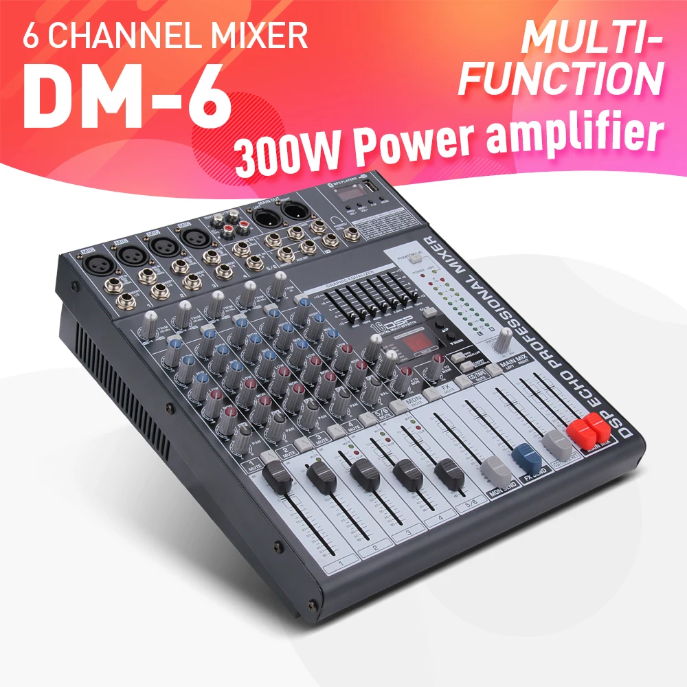 

Good quality, Clean sound!!6 Channels 300 Watt Power Amplifie Mixer Digital Audio Mixing Console with 48V Phantom Power USB Slot
