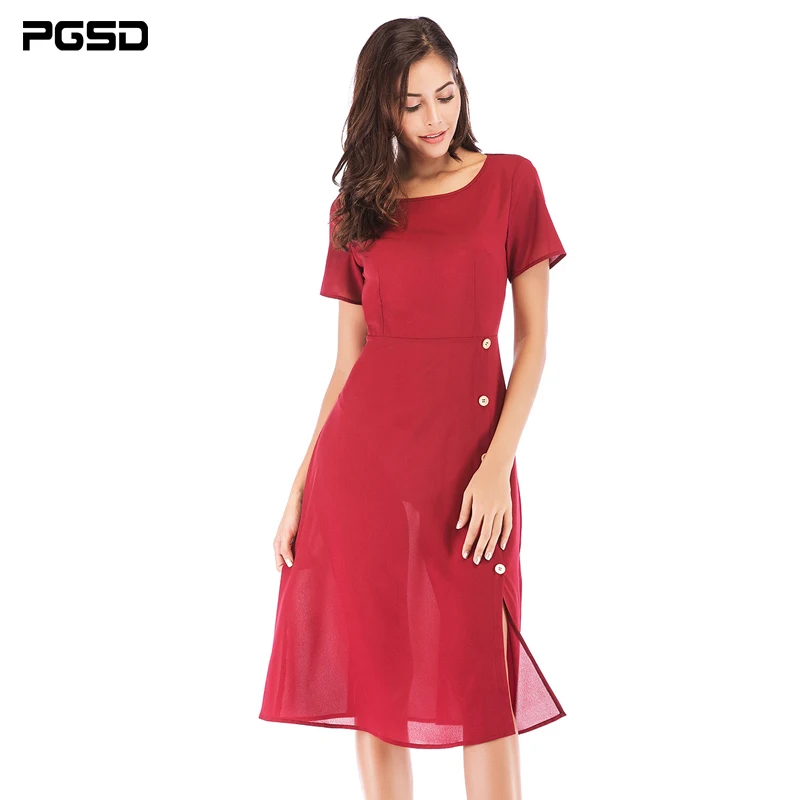 

PGSD New Spring summer simple solid casual Office lady O-Neck Short-sleeved Button medium-length Red Dress Fashion women clothes