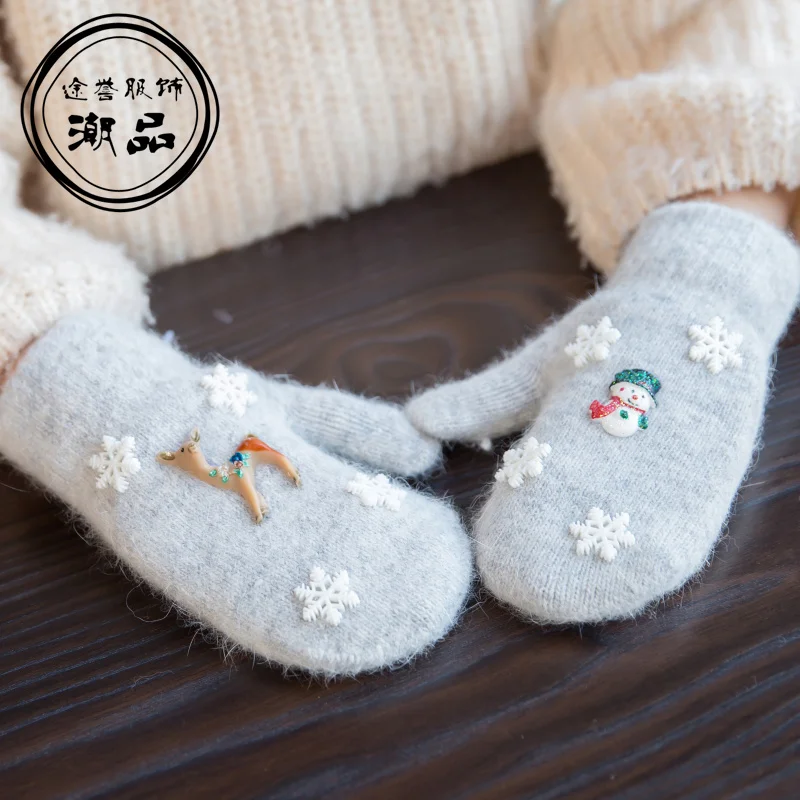 Осенне-зимние перчатки для девочек с милым оленем и снеговиком; шерстяные перчатки с кроличьим мехом; милые элегантные детские перчатки; рождественские подарки