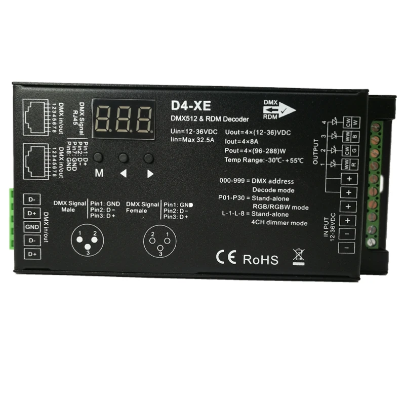 New Constant Voltage DMX Decoder;DC5-36V input;8A*4CH output setting dmx address Black Iron D4-XE 4 Channel CV DMX512 Decoder