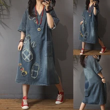 Весна лето женские повседневные универсальные Ультра свободные размера плюс винтажные Лоскутные Джинсовые платья