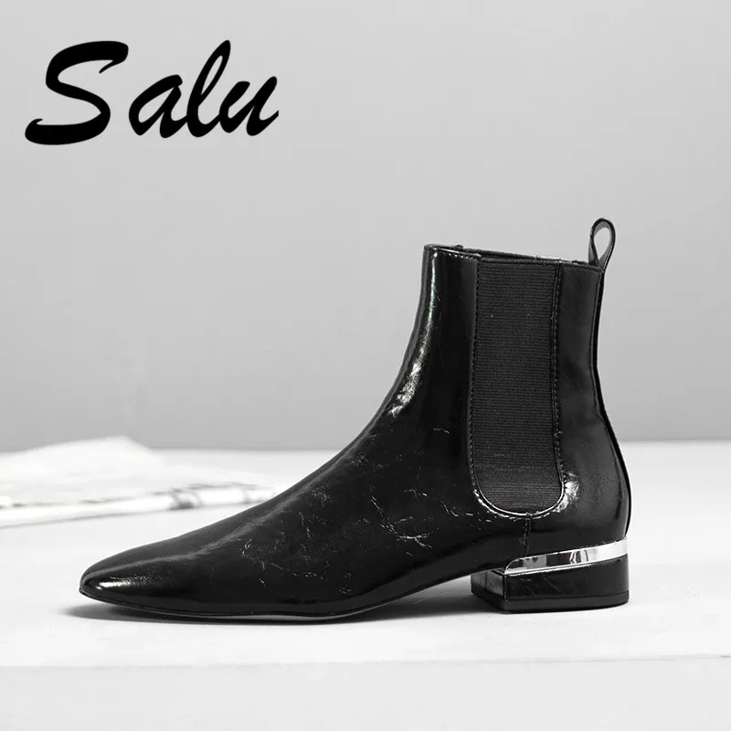 

Salu Genuine Leather Women Boots Natural Calf Leather Ankle Boots High Heel Hand-made Ladies Shoes Woman Winter Boots