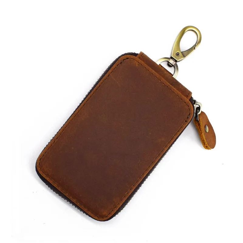 Genuine Leather Zipper Key Case First Layer Cowhide Retro Zipper Car ...