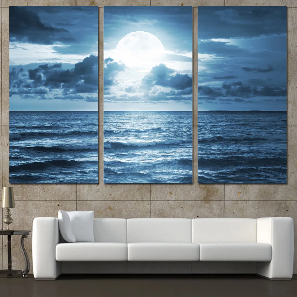 3 Panels Canvas Art Full Moon Moonlight Sea Home Decor Wall Art Painting Canvas Prints Pictures