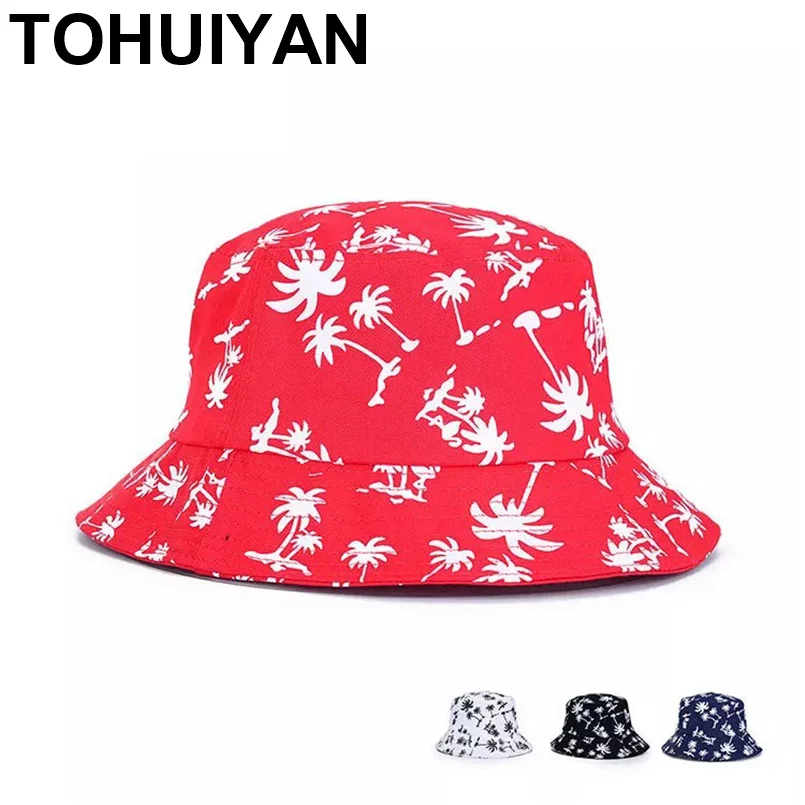 

TOHUIYAN Coconut Tree Bucket Hats Men Women Cotton Banana Hat Wide Brim Bob Cap Summer Outdoor Fishing Hat Ladies Beach Sun Caps