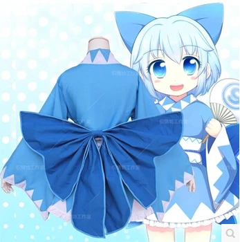 

New New Animation TouHou Project Cos Cirno Cosplay Halloween Blue And White Kimono bathrobe Set