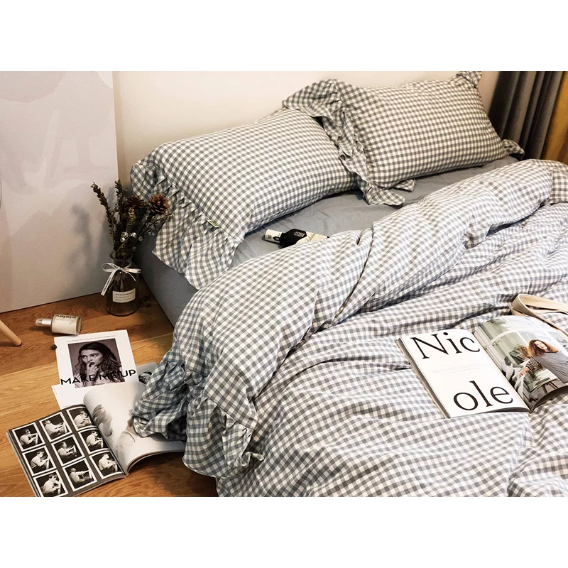 

Princess Plaid Red White Check Bedding Sets 100% Washed Cotton Wrinkle Duvet Cover Bed Sheet Pillowcase Home Textile Designer