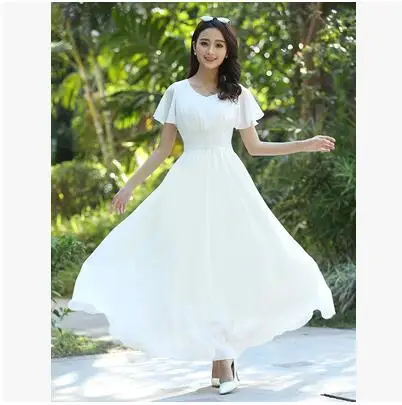 Женское летнее шифоновое платье, новинка, Модный пуловер с v-образным вырезом и коротким рукавом, длинное платье, однотонное тонкое платье больших размеров NZYDA3 - Цвет: white