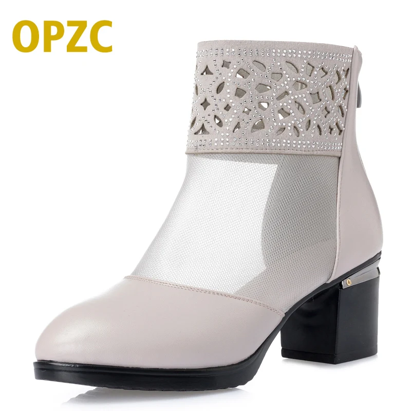 

AIYUQI Summer fashion Genuine leather woman shoes ankle crystal decoration transparent mesh sexy solid boots pointed toe basic