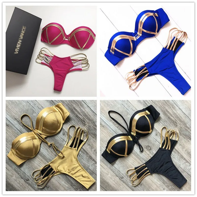 

2019 Bandeau Bikini Set Push Up Swimwear Women Biquini Padded Bikini Sexy Thong Strapless Brazilian Swimsuit Bathing Suit Female