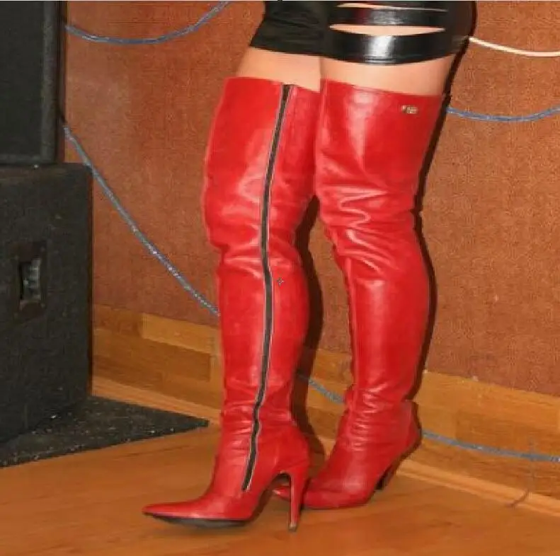 

Hot Sexy Fashion Red PU Over -the-Knee Shoes Zip Pointed Toe Thin Heels Women's Shoes Zipper Big Size Dance Shoe Women's Boots