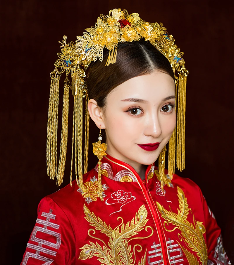 HIMSTORY новые винтажные китайские свадебные аксессуары для волос золотые длинные кисточки палочки для волос Бабочка Свадебный Набор шпилек для принцессы