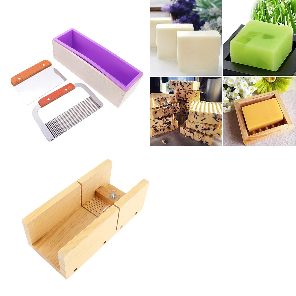 Wooden Soap Loaf Cutting Mould + Rectangle Silicone Soap Mould With Wood Box + 2pcs Wavy & Straight Cake Soap Cutter