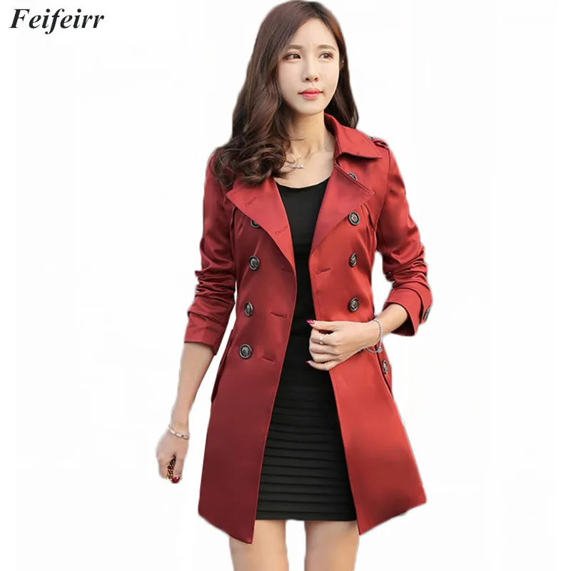 

2018 Korean version Spring Autumn new high quality Slim pure color double breasted Women Trench Fashion Belt Plus Size 5XL coat