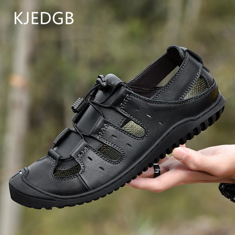 

KJEDGB 2019 Cow Leather Men's Sandals Summer Big Size 39-46 Outdoor Walking Casual Shoes Soft Soles Roman Sandals Brown Black
