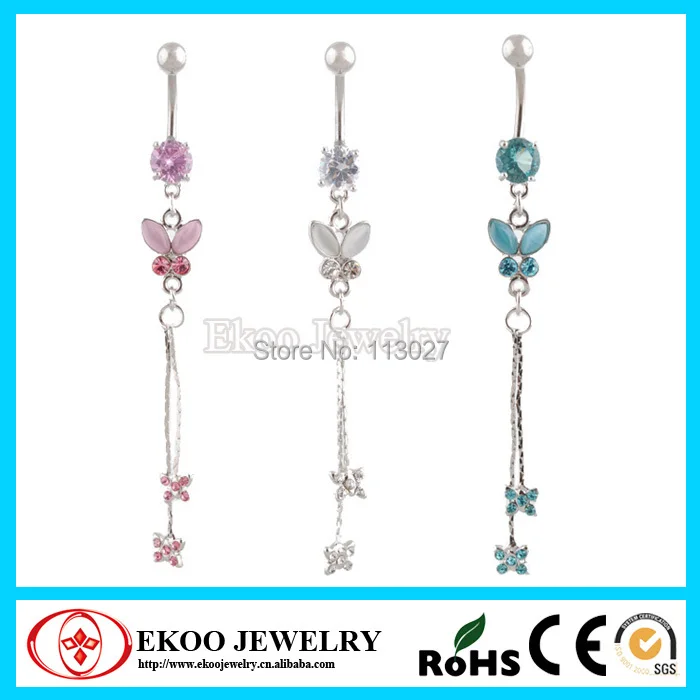 (Min. order 10) Cute Butterfly Rhinestone Dangling Navel Ring Long