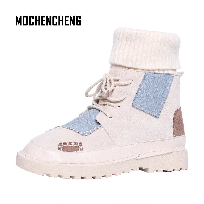 

Woman's Winter Warm Ankle Sock Boots Flock Upper Round Toe Lace-Up Square Heel Stitching Color Fashion Female Rubber Boots