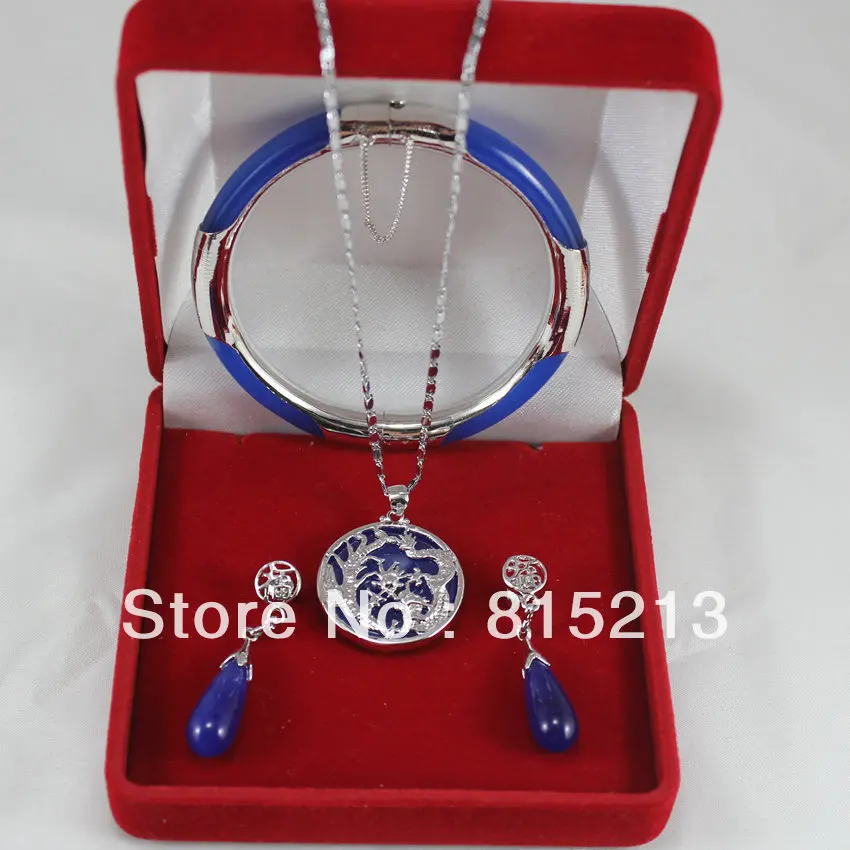

ddh00278 Fashion Set 18K Gold Plated Blue Jade 59mm Bangle Earring Pendant