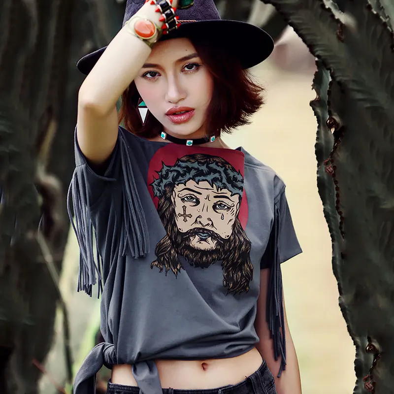 

Summer Women Novelty Personality Print Punk Style Square Collar Tassel Casual Loose Cotton Short T-Shirts