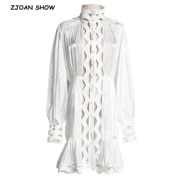 

2019 New Hollow Out Wave Hole Mermaid Dress Women Sexy Stand Collar Single-breasted Button Short Fishtail Dresses Black White
