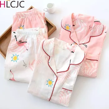 

Long Sleeve Gauze Cotton Pajama Set 2019 Turn-down Collar Sleepwear Spring Summer Women Pijama Mujer Cute Crane Pyjamas