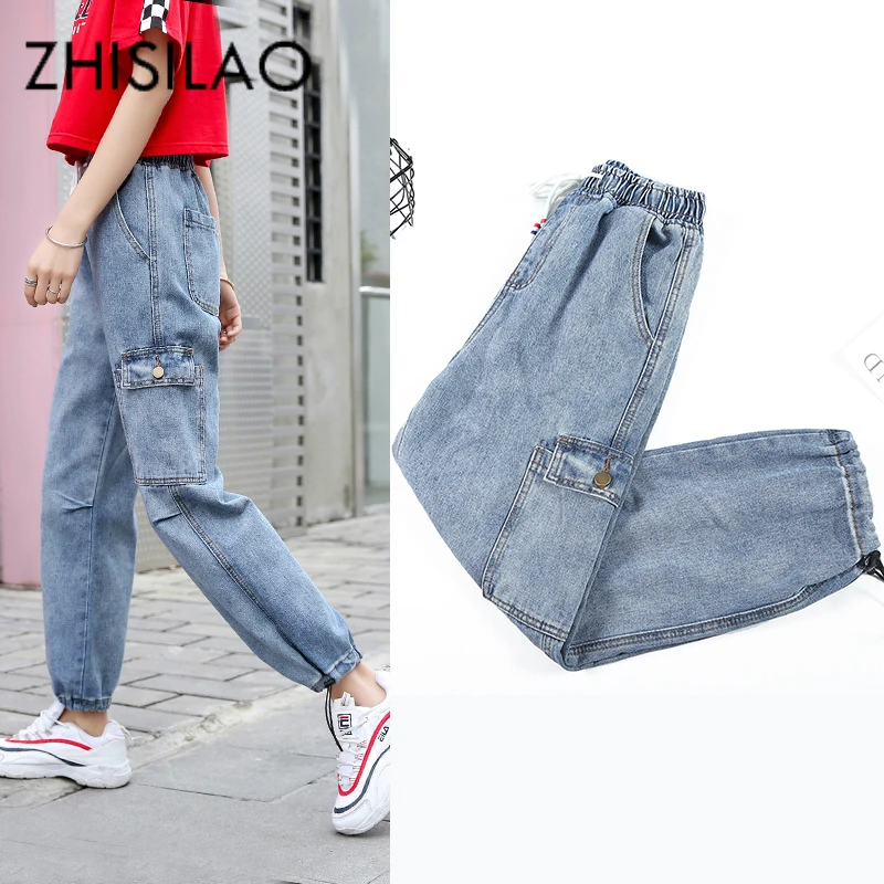 Street Harem Jeans Women Pocket Boyfriends Jeans Loose Denim Pants Mom Jeans 2019 Vintage Elastic Waist Jeans Plus Size Chic