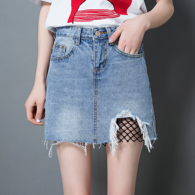 

CTRLCITY Distressed Pencil Skirt Blue Denim Women Sexy Casual Mini Summer Skirts Fashion New Ripped Pockets Bodycon Skirt