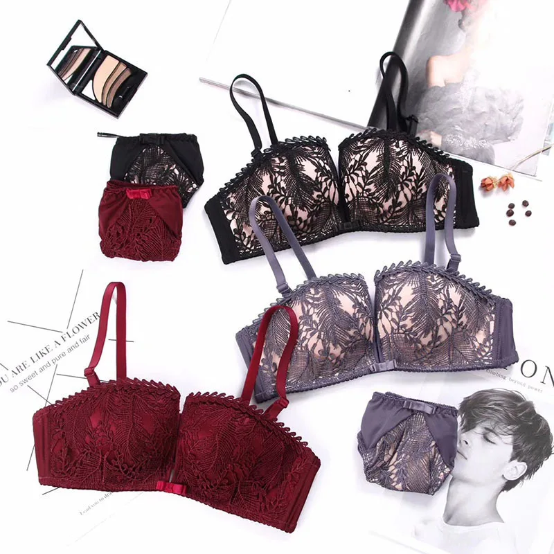 

Wasteheart Women Fashion Purple Red Lace Cover Bow Bras Panties Wireless Push Up Bra Sets Underwear Sexy Lingerie Set A B 36 38