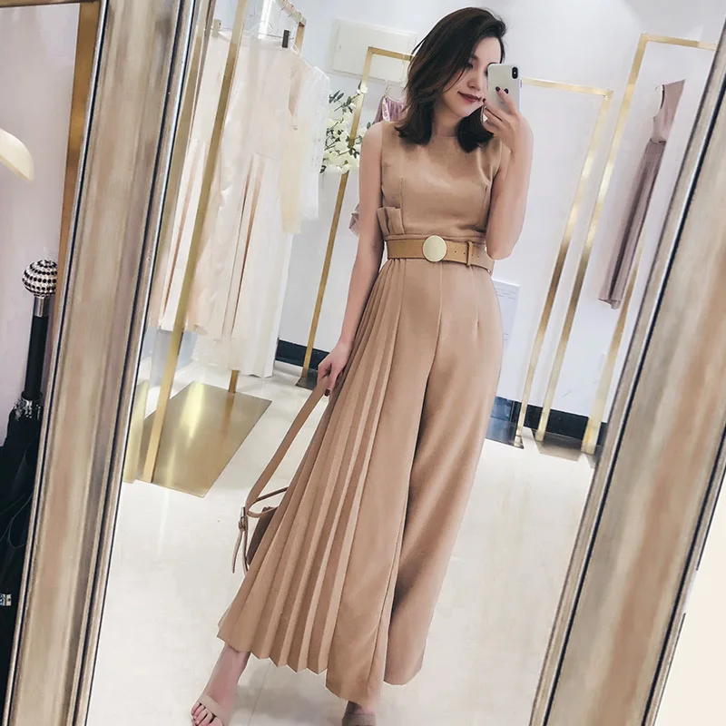 

[MENKAY] 2018 Summer New Irregular Pleating Loose Wide Leg Pants Sleeveless High Waist Belted Women Casual Fashion OL