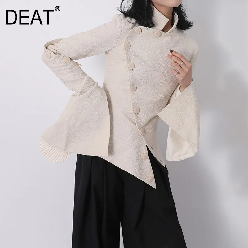 

[DEAT] 2019 New Spring Summer Stand Neck Long Flare Sleeve Single Breasted Irregular Short Jacket Women Coat Fashion Tide 10B910