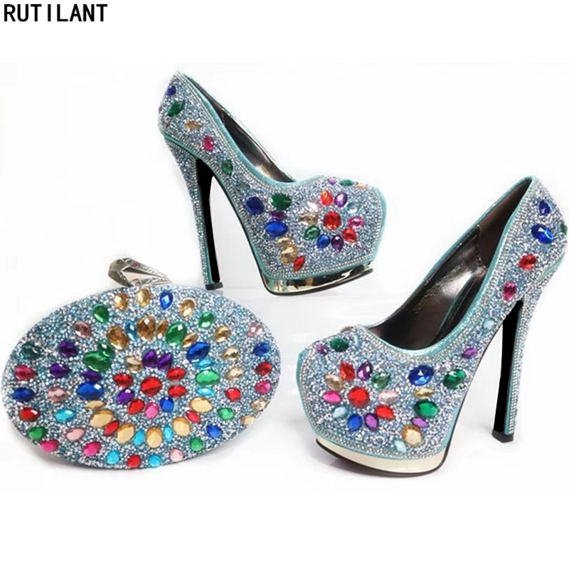 

Sky Blue Color Italian Shoes and Bags To Match Shoes with Bag Set Decorated with Rhinestone Shoe and Bag Set for Party In Women
