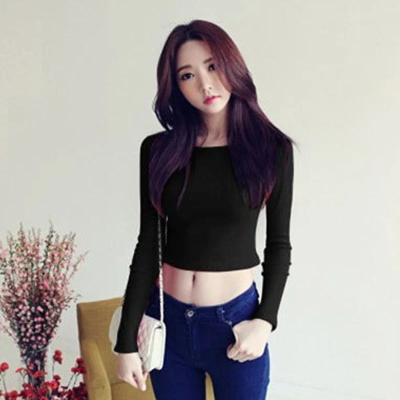 

Women T-shirt Long Sleeves Crop Tops Round Neck T-shirt Slim Fit Tops JL