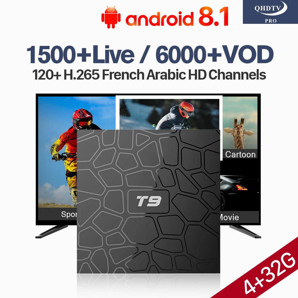 

Arabic Tunisa IPTV QHDTV Pro Morocco T9 Android 8.1 Box 4G 32G RK3328 Quad-Core USB3.0 IP TV H.265 Decoder Channels Subscription