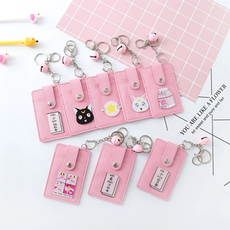 

Cute Pink Sailor Moon PU Leather Card ID Holders Bag Women Girl Travel Bank Bus Credit Card Holder Keyring Key Wallet Chain Case