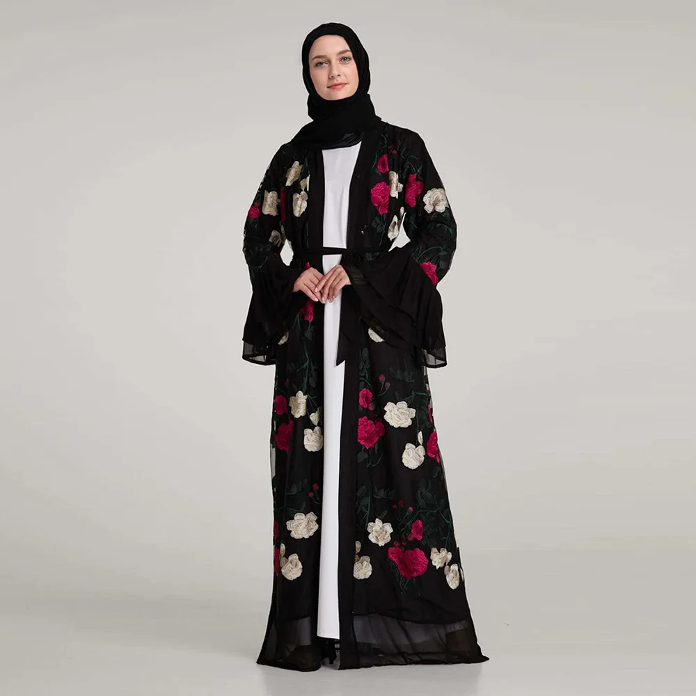 Роскошные мусульманская вышивка цветочный Абаи полный платья с рукавом-клеш кардиган-кимоно длинный халат Туника Ближний Восток Рамадан