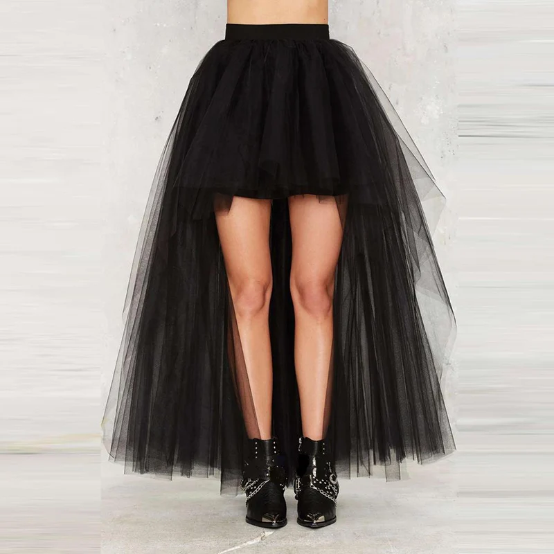 

High Low Black Tulle Skirt Asymmetrial Hem Tutu Layered Wedding Bridal Gown High Waist Pleated Prom Summer Skirt Gala Stylish