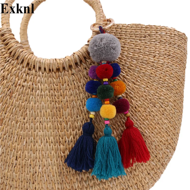 cheap Exknl Beads Tassel Bag Key Chain Pompom Key Ring Holder Hanging Bohemian Style Pendant Keychain Decoration Fashion Jewelry