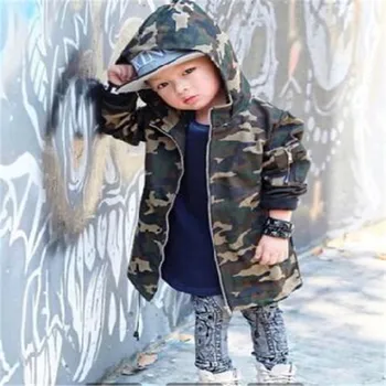 

kimocat new leather jacket Boy's new mid - style long - style camouflage hooded trench coat in the spring and autumn