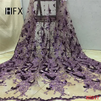 

HFX African Lace Fabric 2019 Sequin Embroidery Net Lace Latest Wedding French Dress Lilac Glitter Tulle Lace Fabric X2017