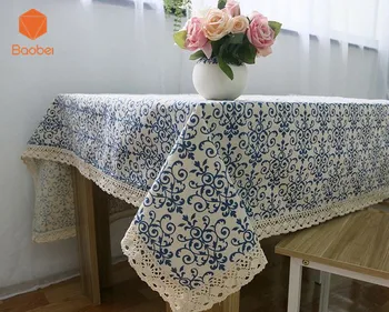 

Retro Blue and White Table Cloth with Lace Cotton Print Chinese Style Rectangular Dinning Tablecloths Cover Home Decor YN19