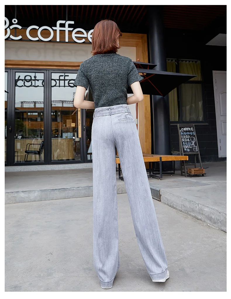 High Waist Straight Jeans Women Summer Tencel Gray Casual Loose Wide Leg Jeans Trousers Striped Full Length Sashes Palazzo Pants