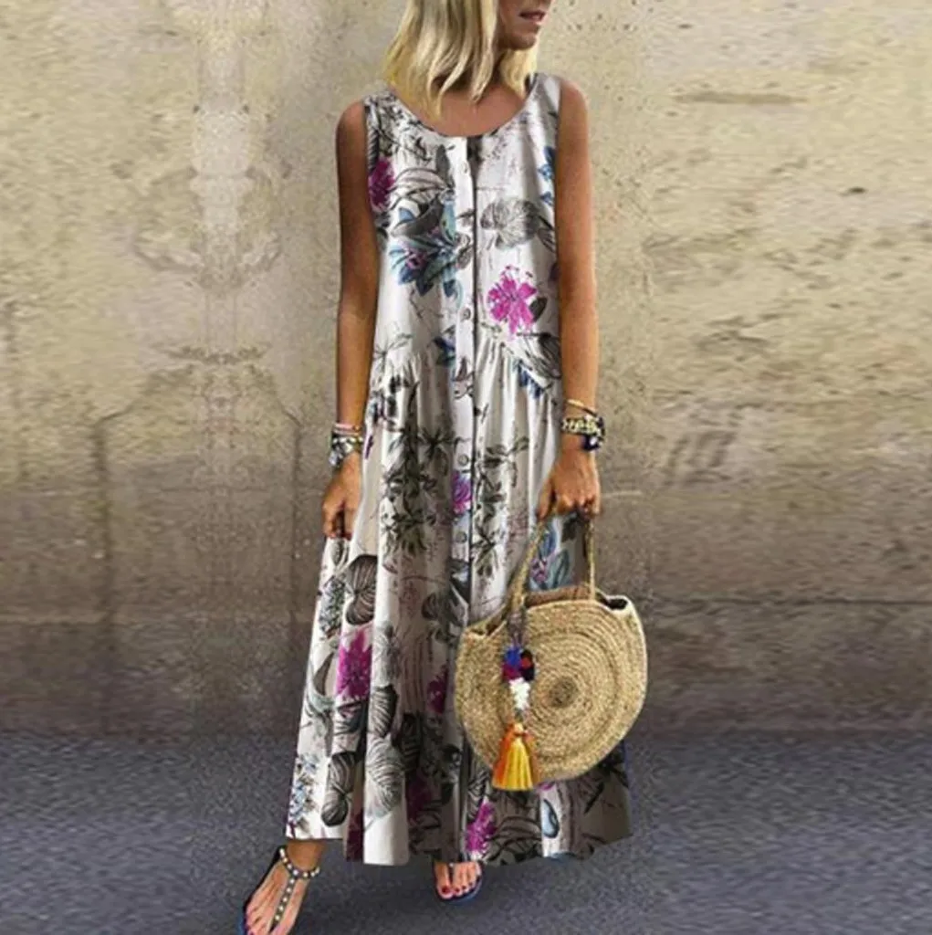 

Plus Size Women Long Dress Bohemian Summer Ladies O-Neck Floral Print Sleeveless Button Maxi Dress vestidos de verano 2019 New